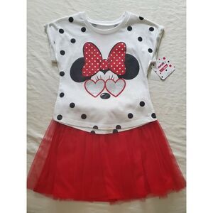 (2 pc)   Disney MINNIE Tulle Skirt Set  for girls Shirt And Top Red White Size S